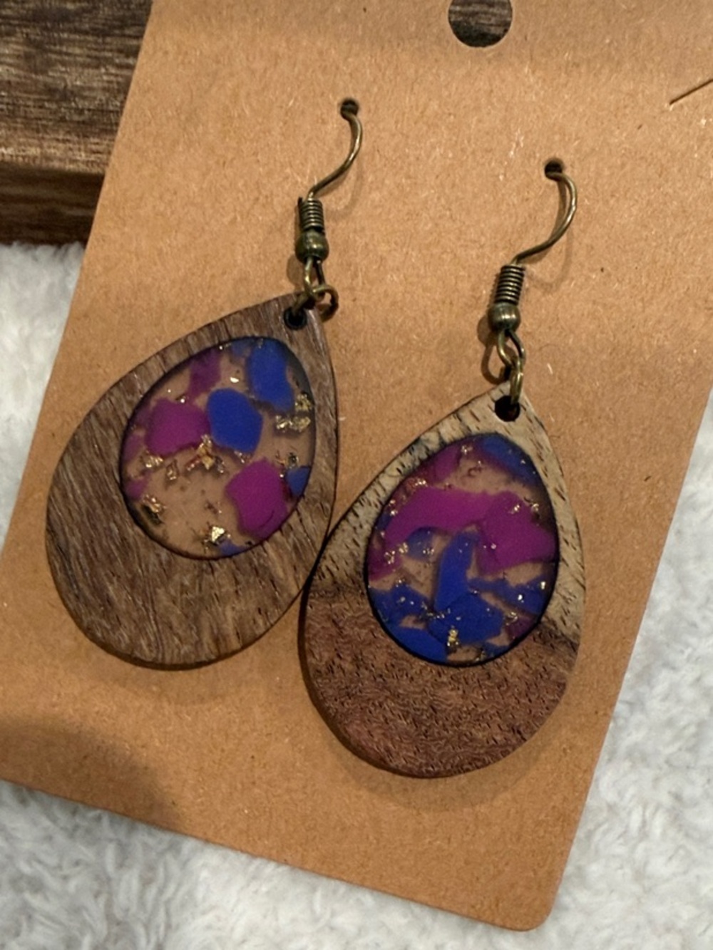 Purple and Blue Teardrop Wood Earrings - Women Jewelry